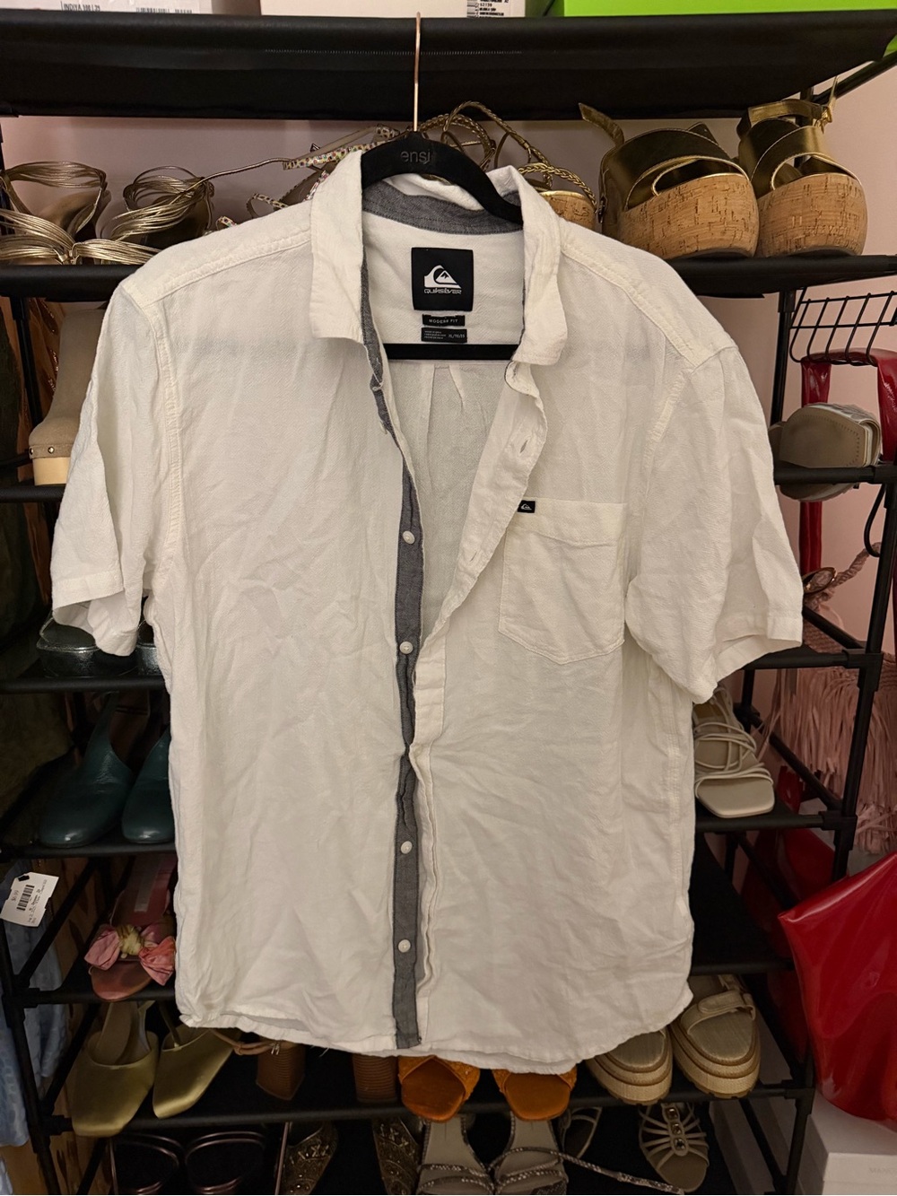Quiksilver Men's White Short-Sleeve Button Down Shirt with Contrast Placket